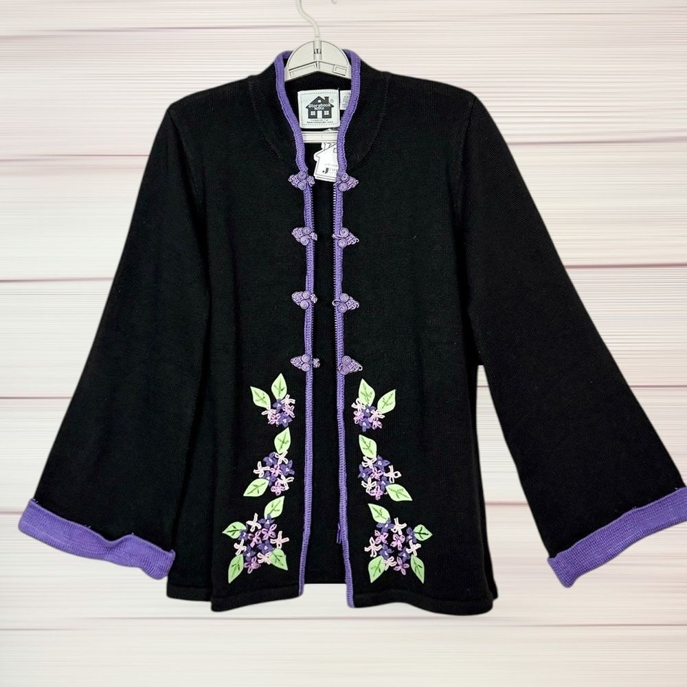 NWT Storybook Knits Black Cardigan Chinese Style Zip Front Embroidered L Vintage - Picture 3 of 14